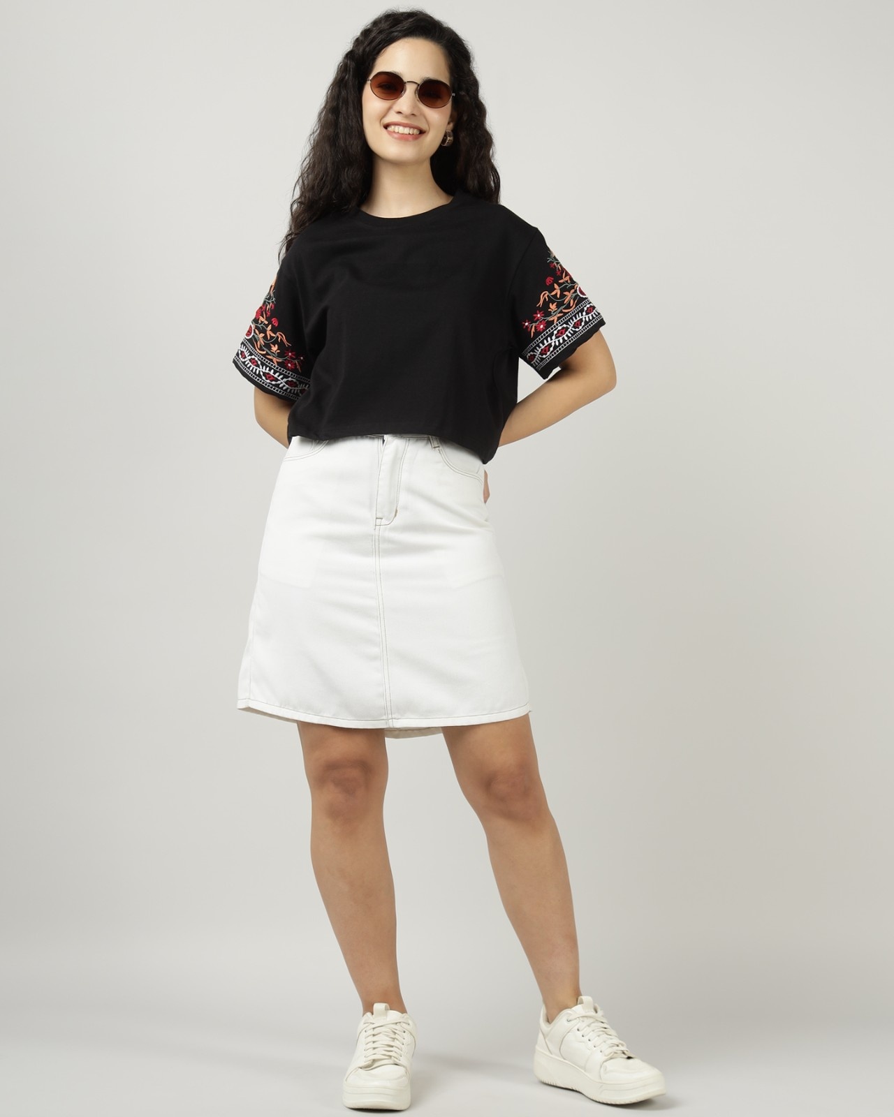 Black Embroidered Sleeve Crop Top